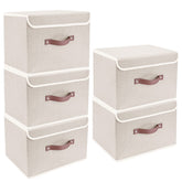 TYEERS front view of five beige storage boxes showing neat stacked organization benefit