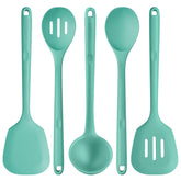 U-Taste front view of aqua sky utensil set showing complete five-piece kit and benefits