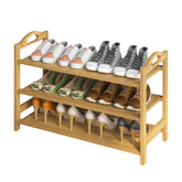 UDEAR bamboo shoe rack front view showing tidy organized pairs and natural finish