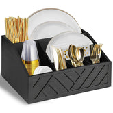 Ukonvi front view of wooden plate dispenser organizing plates and utensils for tidy counters
