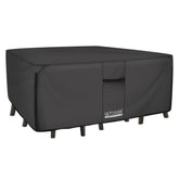 ULTCOVER front view showing full black cover protecting table and chairs, durable protection