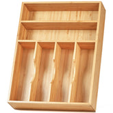 Umilife bamboo tray front view showing six compartments and natural finish, durable organization benefit