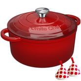 Umite Chef Dutch oven front view showing red enamel and sturdy build for even heat