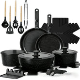 Umite Chef front view of full 21-piece set showing included pots and pans and space-saving design