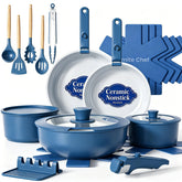Umite Chef front view of full 21-piece set showing included pieces and space-saving design