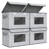 Univivi front view of four gray storage bins showing neat stack and lids, keeps shelves tidy