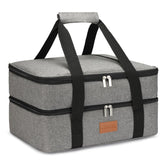 Uoxfill front view showing zippered gray casserole carrier and quick access pocket, practical transport