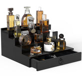 upcessory front view of black wood organizer showing neat bottle display and easy reach