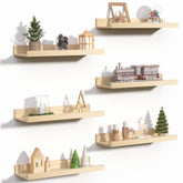 upsimples front view of six natural floating shelves showing neat, space-saving display