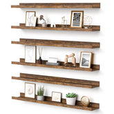 upsimples front view of six brown floating shelves showing clean profile and storage benefit