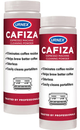 Urnex Cafiza front packaging showing two 566 g containers and branding for easy identification