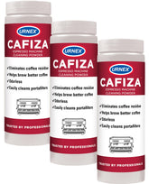 Urnex Cafiza three tubs front view showing packaging and quantity benefit