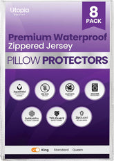 Utopia Bedding front packaging showing eight king pillow protectors and benefits