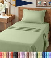 Utopia Bedding front packaging showing Twin XL sage set and clear contents benefit: easy identification