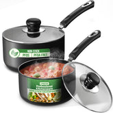 Utopia Kitchen front view showing both saucepans and lids for compact cooking