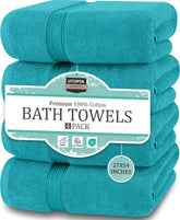 Utopia Towels folded front view showing neat stack and coordinated turquoise look