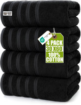 Utopia Towels front pack view showing four black XL towels and modern style