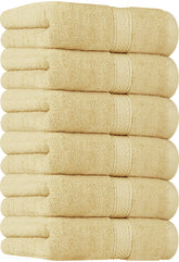 Utopia Towels front packaging showing six beige hand towels, organized and presentable