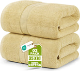 Utopia Towels front view of two beige jumbo bath sheets, showing packaging and size benefits
