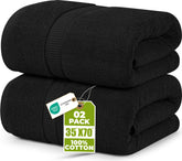 Utopia Towels front packaging showing two black jumbo bath sheets and set info
