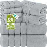 Utopia Towels front packaging in cool grey showing complete 8-piece set benefit convenience