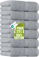 Utopia Towels front packaging showing six cool grey hand towels and neat fold benefit