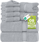 Utopia Towels front packaging showing cool grey set and included pieces for easy identification