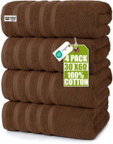 Utopia Towels front packaging showing four dark brown XL bath towels and value set