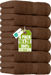 Utopia Towels front packaging showing six dark brown hand towels and value