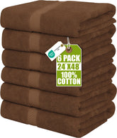 Utopia Towels front packaging showing six dark brown towels and value