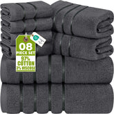 Utopia Towels front view showing full 8-piece grey set and neat fold benefit
