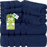 Utopia Towels front packaging showing navy set, highlights complete eight-piece value