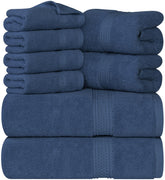 Utopia Towels front packaging navy showing full 8-piece set benefit organization