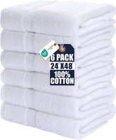 Utopia Towels front pack display showing six white medium bath towels and clean styling