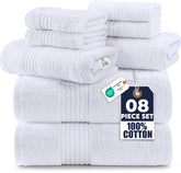 Utopia Towels front packaging showing complete 8-piece white set and neat presentation