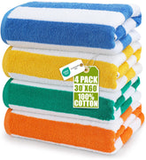 Utopia Towels front pack view showing four striped beach towels and value