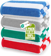 Utopia Towels front packaging showing four cabana-striped towels, easy selection