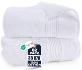 Utopia Towels front view of two white bath sheets showing size and packaging benefit