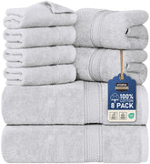 Utopia Towels front packaging showing full 8-piece set and benefits