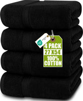 Utopia Towels front view of four black bath towels showing neat stack and sleek look