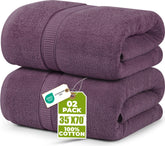 Utopia Towels folded two-pack front view shows neat packaging and rich plum color benefit: easy storage