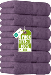 Utopia Towels front view showing six plum hand towels and neat packaging for convenience