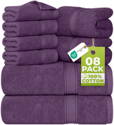 Utopia Towels front packaging showing full eight-piece plum set and value