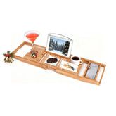Utoplike front view of bamboo bathtub caddy showing full tray and finish