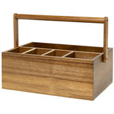 VaeFae acacia caddy front view showing tidy organization and natural wood finish