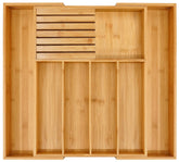 VaeFae bamboo organizer front view showing tidy compartments and natural finish