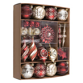 Valery Madelyn front view of 80-piece burgundy and gold ornament set showing cohesive palette and count