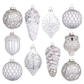 Valery Madelyn front display of 10 Snow Queen ornaments showing elegant silver-white palette and cohesion