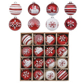 Valery Madelyn front packaging showing 16-piece red and white ornament set and clear benefits