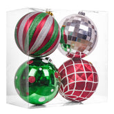Valery Madelyn front view of four red green white jumbo ornaments showing festive design benefits